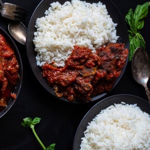 RICE: WHITE RICE WITH GOAT MEAT STEW