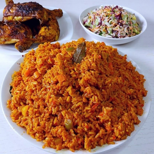 RICE: JOLLOF RICE WITH CHICKEN WINGS & COLESLAW