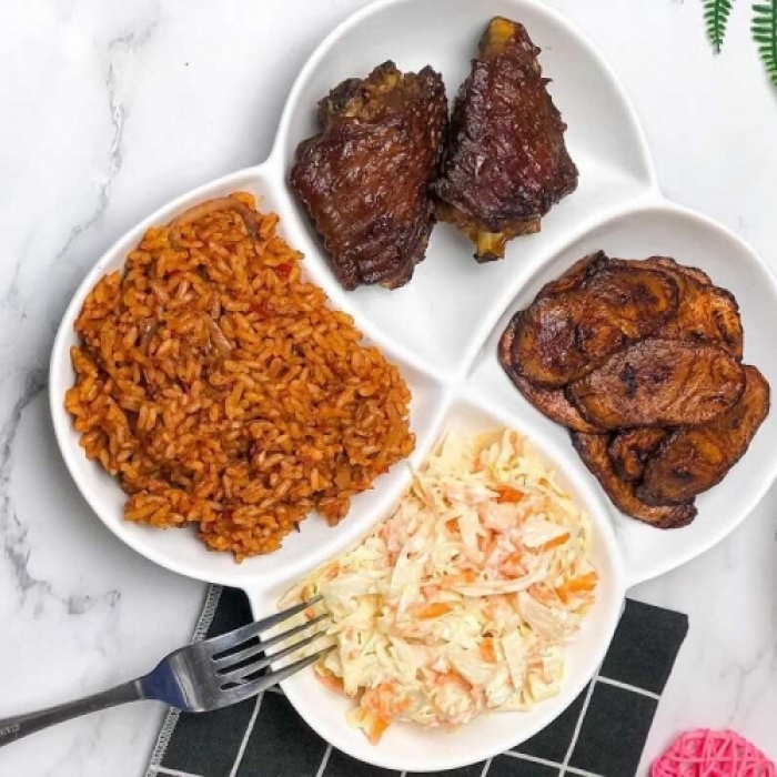 RICE: JOLLOF RICE WITH CATFISH & COLESLAW