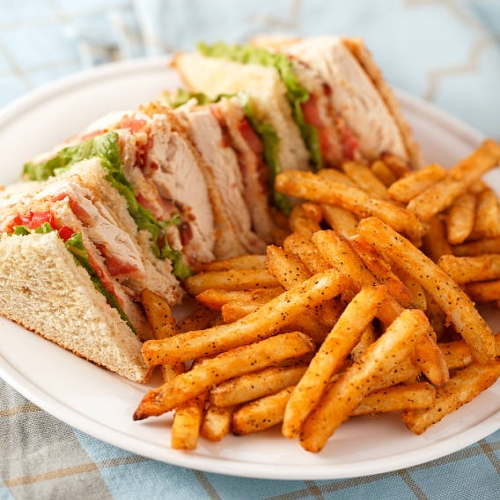 SANDWICH: CLUB SANDWICH WITH FRENCH FRIES